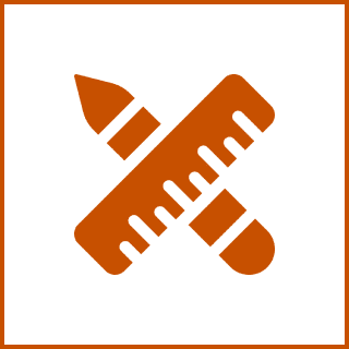 Design That Works Icon of a pencil and ruler crossed over each other, depicted in solid orange within a square orange border on a white background.