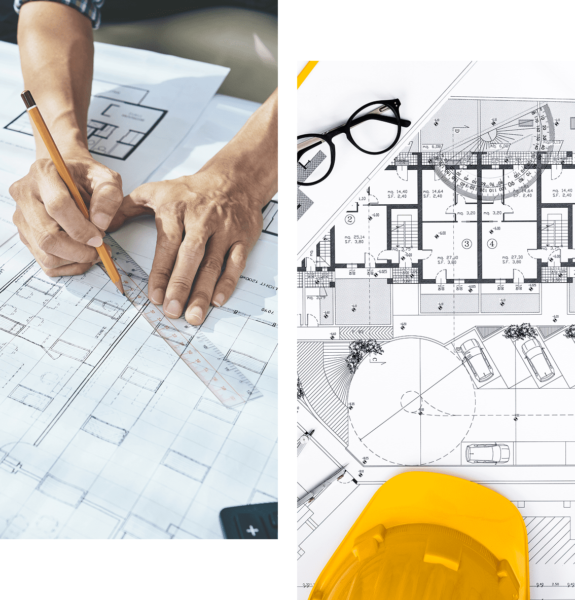 Group 10 Hands drawing on architectural blueprints with a pencil and ruler; adjacent detailed building plans with a hard hat, glasses, and a calculator.