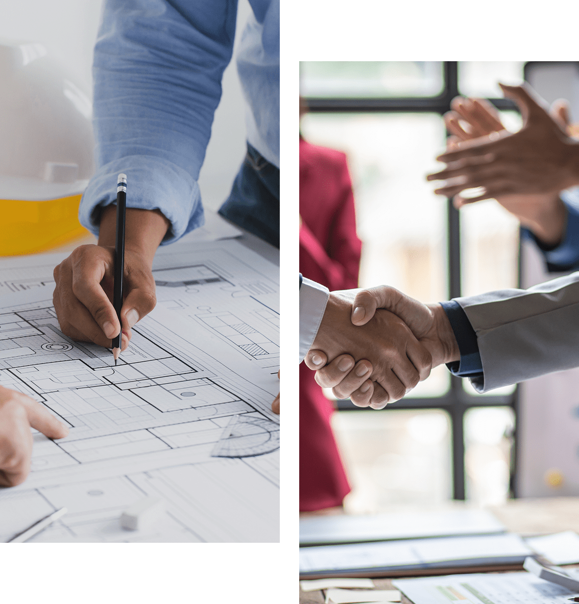Group 12 A person draws on architectural blueprints with others observing, while a handshake occurs in a business setting with people in the background.