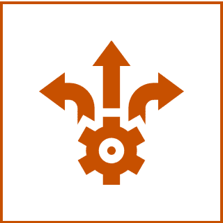 Orange gear with three arrows pointing left, up, and right, symbolizing different directions or options, on a white background with an orange border.