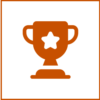 Solid orange trophy icon with a star in the center, displayed on a white background with an orange border.