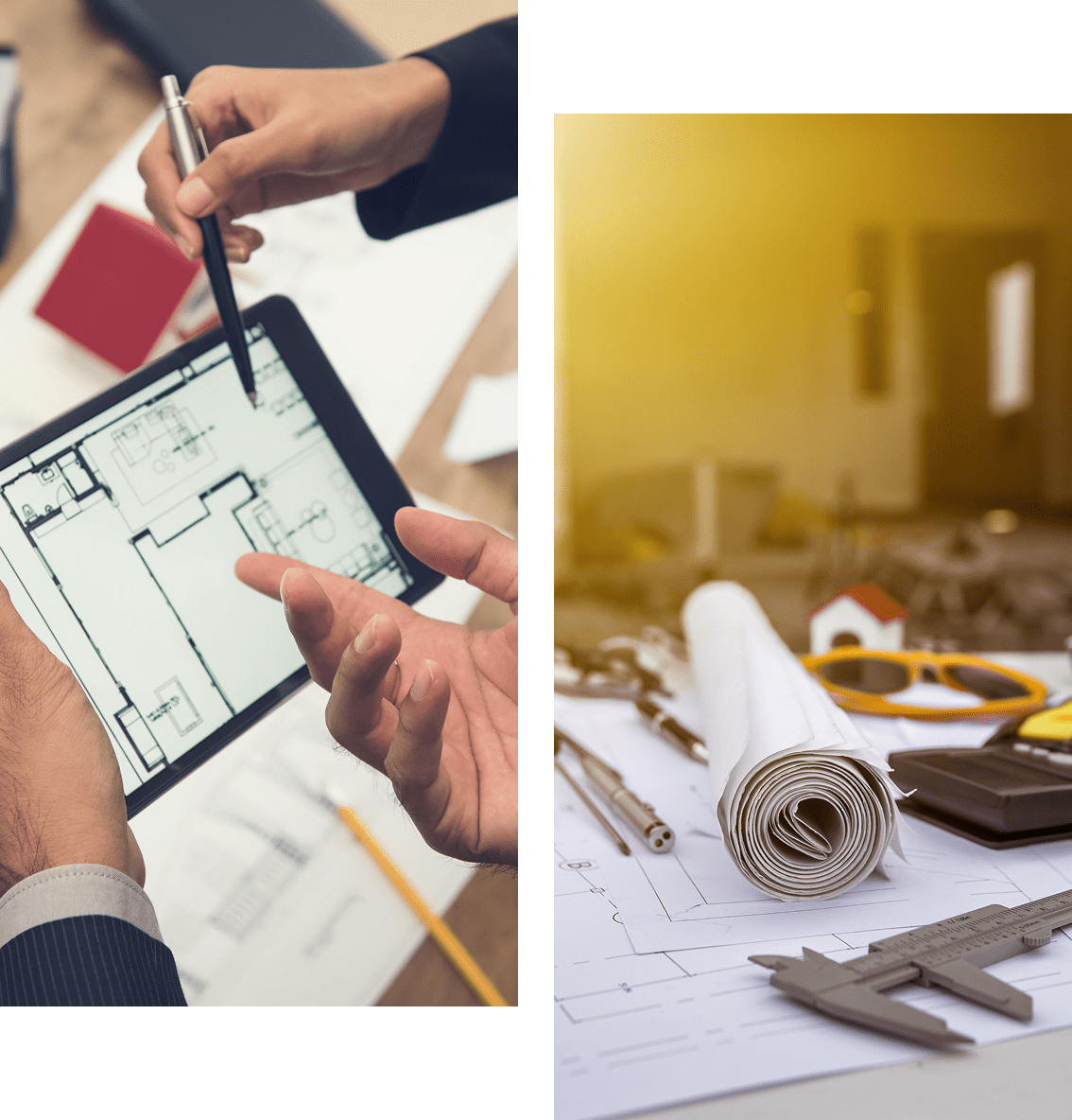 Group 8 Two images: one shows hands holding a tablet with a floor plan; the other shows rolled blueprints, a caliper, ruler, and helmet on a desk with construction tools.