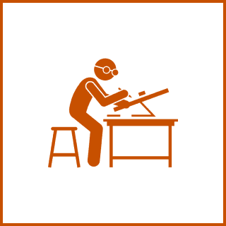 Josh Demmer, Principal Architect Illustration of a person wearing glasses sitting on a stool and working at a drafting table.
