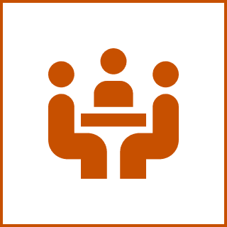 Managing Every Step Icon of three stylized people sitting in a circle, facing each other, suggesting a meeting, discussion, or group conversation.