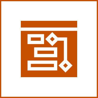Planning With Purpose White lines and rectangles forming a hierarchical diagram with arrows, set against an orange square background with a white border.