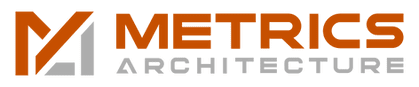 Logo for Metrics Architecture featuring an abstract orange and white "M" graphic on the left and the company name in orange and gray text on the right.